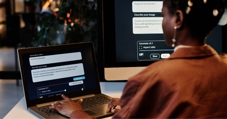 Woman writing prompts with an AI agent