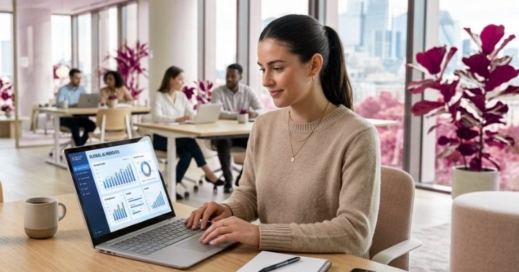 Staff working in a modern office leveraging artificial intelligence on their computers