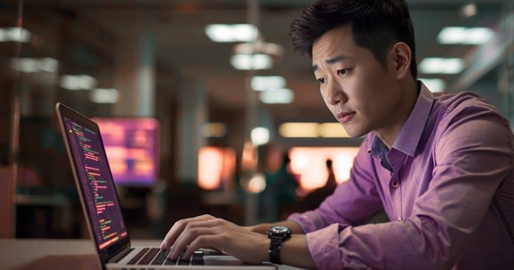 Employee using ChatGPT on a laptop in an office setting without a company AI usage policy.