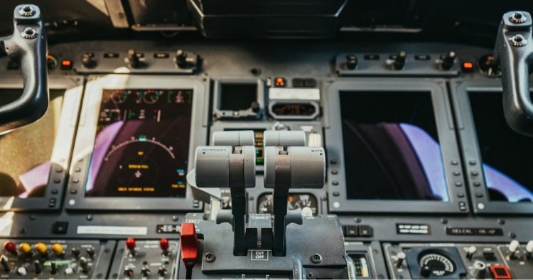 Controls in the cockpit of an airplane representing the controls in cybersecurity