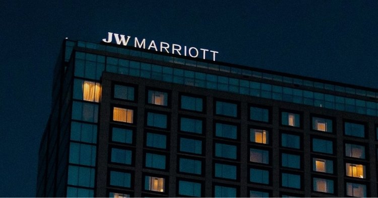 The text 'JW MARRIOTT' displayed at the top of a hotel building