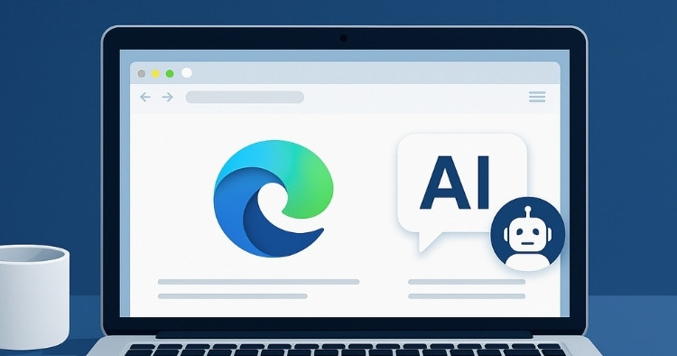 Graphic of computer with AI and Microsoft Edge showing Microsoft's use of AI in their browser