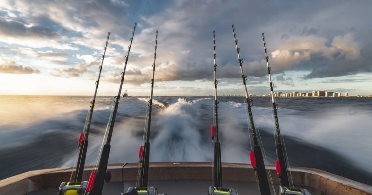 Six fishing poles off the back of a boat playing into the pun of fishing and phishing