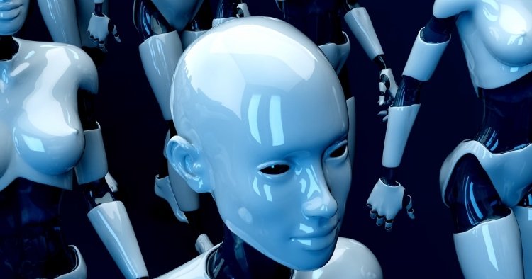 Group of AI robots marching to take over showing danger of AI and hacking