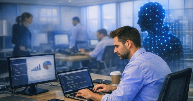 Man working at desk with shadow AI behind him